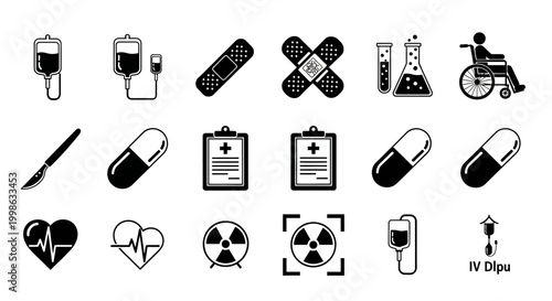 Medical icons, healthcare symbols, pharmacy signs, health care illustrations, 20 black and white graphics