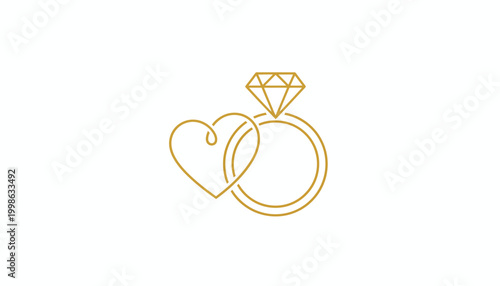 Golden wedding ring, heart, and diamond icon, minimalist engagement symbol, love and marriage vector graphic