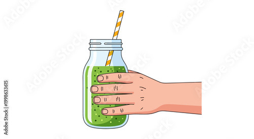 Healthy green smoothie, mason jar drink, hand holding glass, refreshing beverage, vector illustration