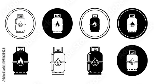 Gas can icons, fuel tank symbols, gasoline container logos, 8 black and white illustrations