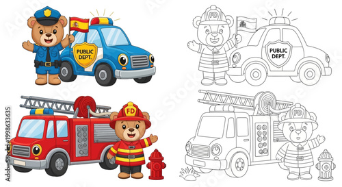 Quadro em tela Firefighter, police bear characters, emergency vehicles, coloring book illustrat
