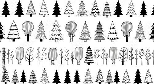 Black and white Christmas tree icons, hot air balloon illustrations, winter holiday symbols, vector graphics set