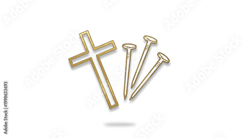 Golden nails, cross, and screws, metallic icons, vector graphics, 3D illustration, shiny hardware, gold plated, construction symbols