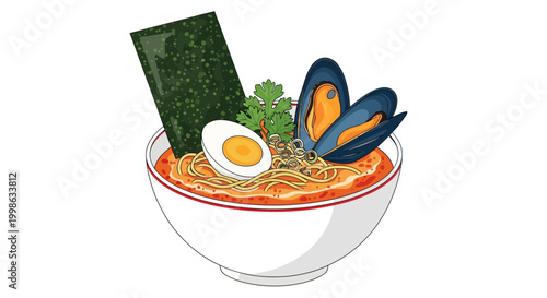 Spicy Ramen Noodle Bowl, Japanese Food, Vector Illustration, Red Curry Noodles, Seafood Soup