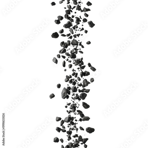 Numerous small black gravel stones with rough textures and sharp edges, suspended mid-air against a transparent background, frozen dynamic motion concept