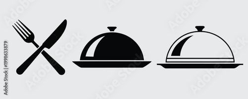 Elegant black cutlery and covered dishes icon set on a light gray background