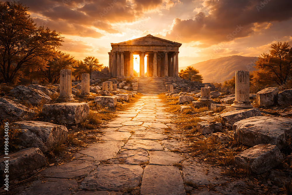 Fototapeta premium Ancient temple ruins bask in the glow of a sunset landscape