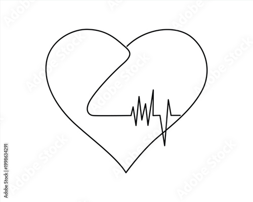 heart on white background, Single Line Heart with ECG Wave – Simple Medical Outline Vector Illustration
