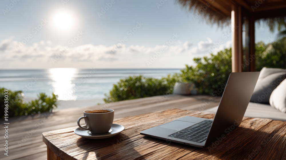 Obraz premium Laptop and coffee cup resting on a rustic wooden table on an outdoor patio overlooking a vast ocean and lush tropical landscape at golden hour. Portraying remote work. Digital nomad lifestyle