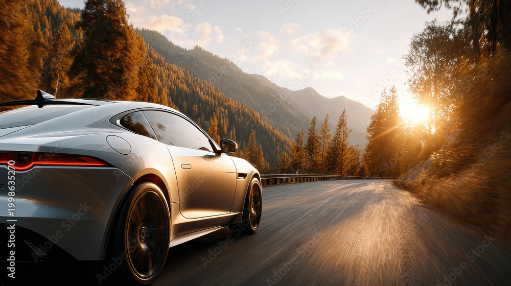 Naklejka premium Black sports car speeding along a curving asphalt road through a majestic mountain range with snowy peaks, reflecting the golden light of the setting sun