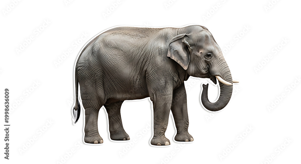 Fototapeta premium Large gray elephant standing alone with long curved tusk and wrinkled skin transparent background