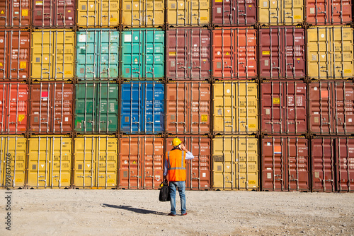 Worker in hard hat and safety vest stands before stacked shipping containers in a port facility