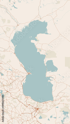 Modern minimalist vector map of the Caspian Sea. High-quality SVG illustration of the coastline covering Azerbaijan, Kazakhstan, Russia, Turkmenistan, and Iran for design projects.