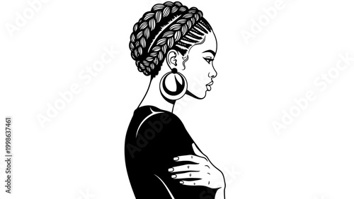 Black Woman Profile Silhouette with Braids and Hoop Earrings