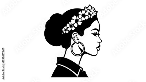 Black Woman Profile Silhouette with Flowers Crown and Hoop Earrings