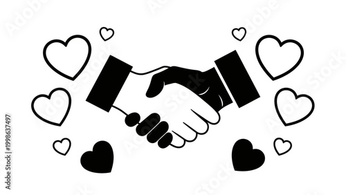 Diverse handshake with hearts, symbolizing unity, partnership, and love in business
