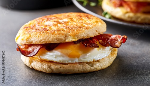 english muffin breakfast sandwich with bacon and egg