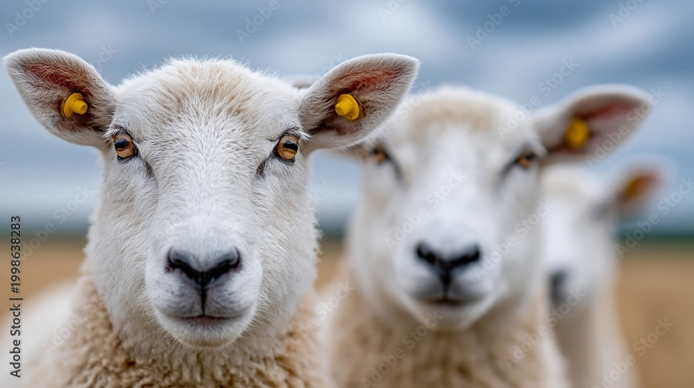Obraz premium Close-up of three sheep with yellow ear tags standing in a field under a cloudy sky, showcasing their woolly coats and distinct facial features