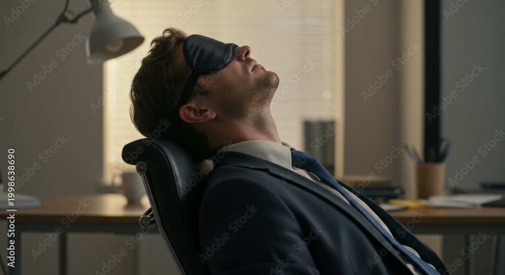 Fototapeta premium Tired businessman resting in office chair wearing sleep mask, workplace fatigue concept with soft indoor lighting and calm mood