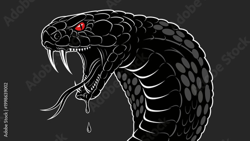 Aggressive Black Cobra Snake with Fangs and Red Eyes, Dripping Venom, Dark Background