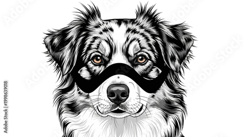 Australian Shepherd Dog Wearing a Black Mask, Close-up Portrait, Black and White