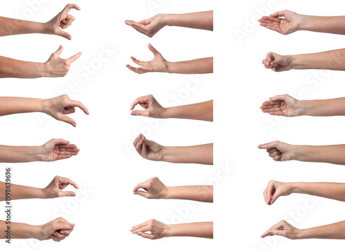 People holding something on white background, closeup. Collection of hand gestures