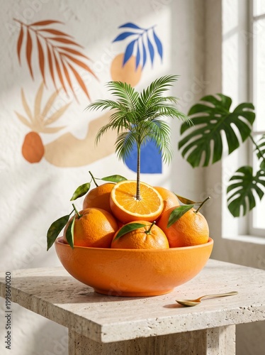 Colorful tropical orange fruit illustration, summer beach citrus tree scene flat design, vibrant orange slice vacation poster art isolated background