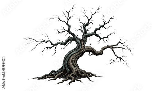 Haunting Spooky Dead Tree with Twisted Branches and Exposed Roots, Isolated on Stark White Background