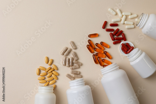 Vitamins On Neutral Background. Assorted Supplement Bottles With Capsules On Plain Backdrop