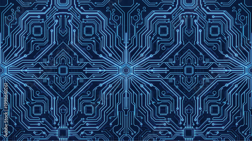Blue circuit board pattern with intricate electronic design elements on a dark background
