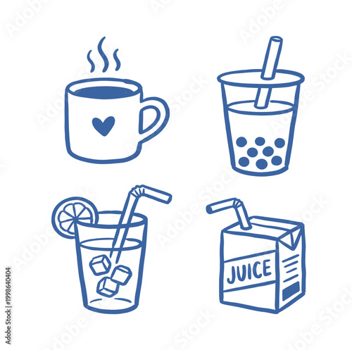 Set of hand drawn beverage icons featuring coffee tea juice and refreshing drinks