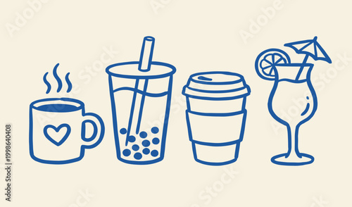 Set of hand drawn beverage icons featuring coffee tea boba and tropical cocktails