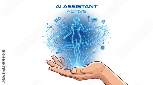 Ai assistant active concept with glowing blue humanoid figure emerging from hand
