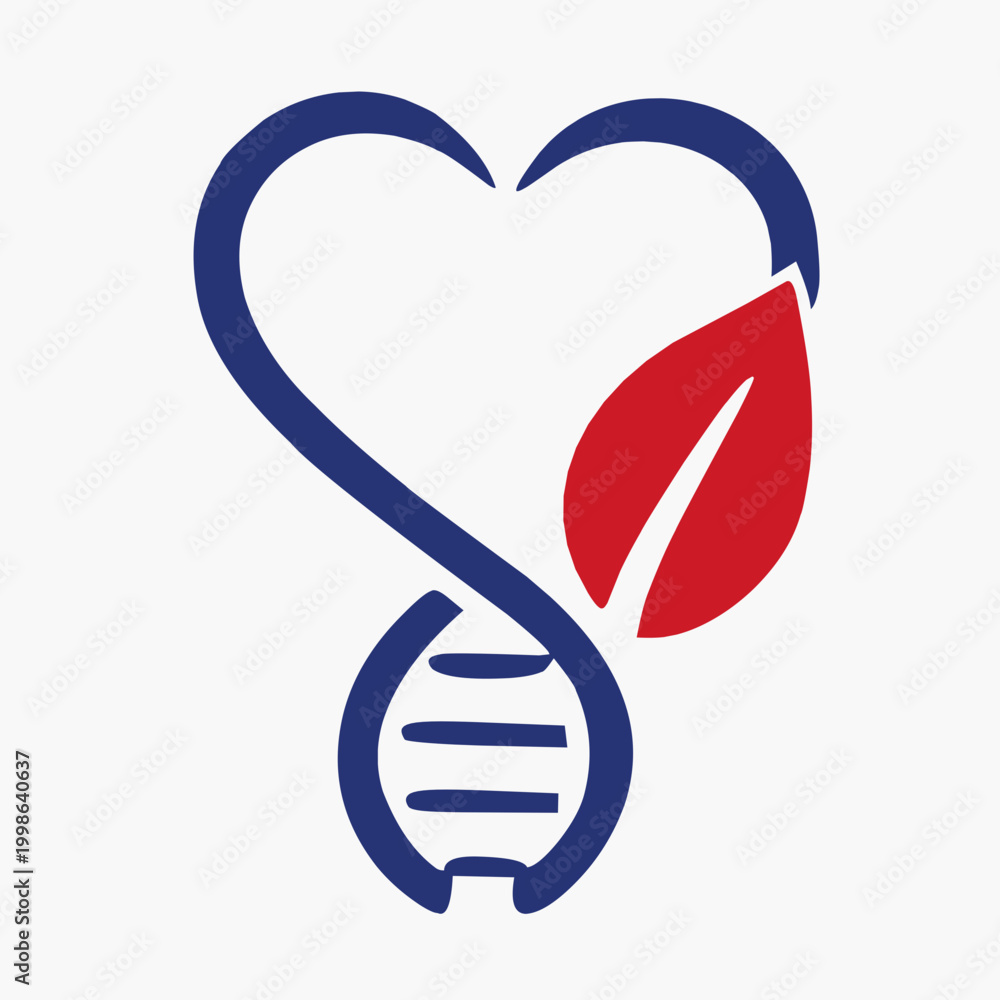 Fototapeta premium Eco Health Logo with DNA Heart and Leaf for Natural Medicine