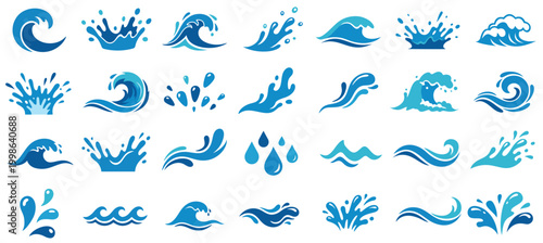 Collection of blue water splashes and waves, symbolizing freshness, purity, and dynamic movement in various abstract forms