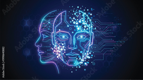 A futuristic illustration of a human face and a robotic face combined with circuit board patterns and binary code on a dark blue background with neon blue and purple accents