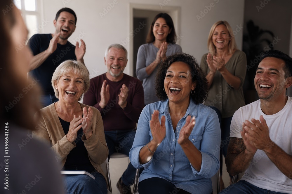Obraz premium A diverse group of people sitting and clapping during a presentation or meeting. The atmosphere is joyful and supportive. Ideal for business teamwork, community support, or education concepts.