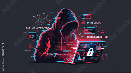 A hooded figure in a dark hoodie sitting at a laptop with a futuristic neon glow surrounded by digital elements and warnings of system compromise and data breach