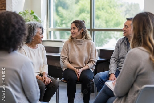 Diverse group of adults sitting in a circle during a support meeting. The atmosphere is warm and encouraging. Suitable for mental health, community services, or team building topics.