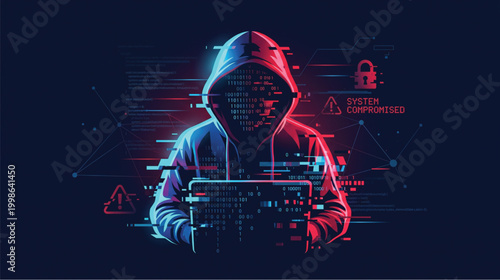 A hooded figure in neon colors with coding on a laptop keyboard surrounded by digital warning signs and graphs on a dark background