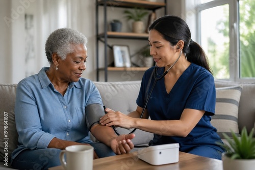 A nurse checks the blood pressure of a senior woman at home. The professional provides care and support during a checkup. Perfect for medical services, home health, and elderly care concepts.