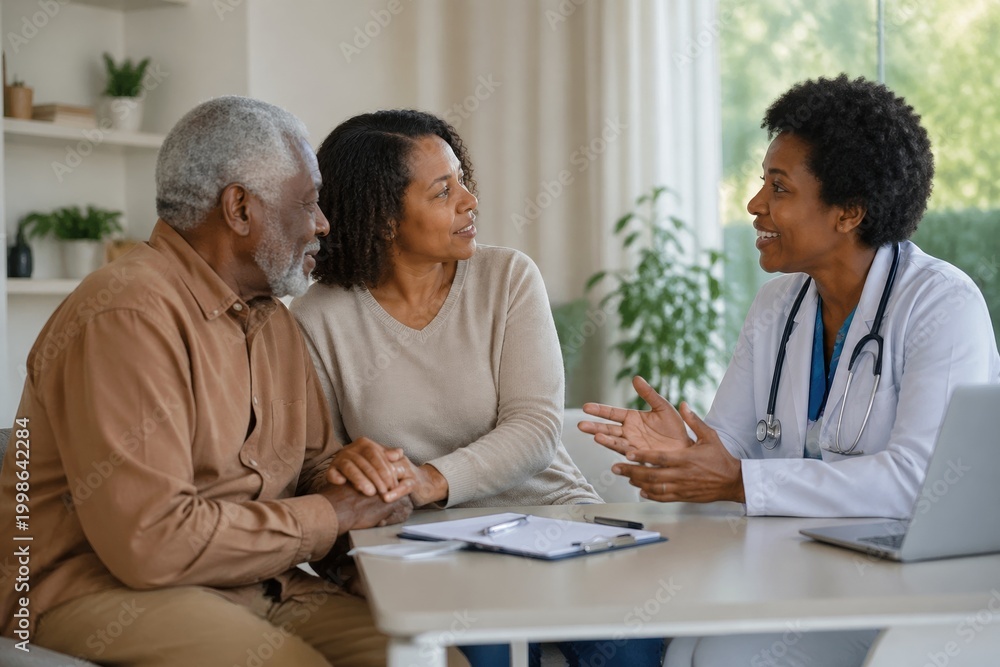 Fototapeta premium Female African American doctor consulting with an elderly couple. They discuss medical results in a bright clinic. Suitable for healthcare, geriatric care, and insurance advertisements.