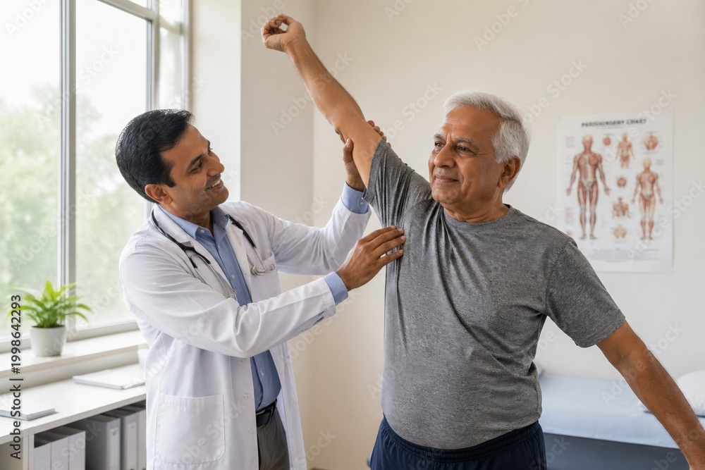 Obraz premium An Indian doctor examines a senior man's shoulder during a physical therapy session. The scene highlights professional healthcare and rehabilitation. Ideal for medical or wellness content.