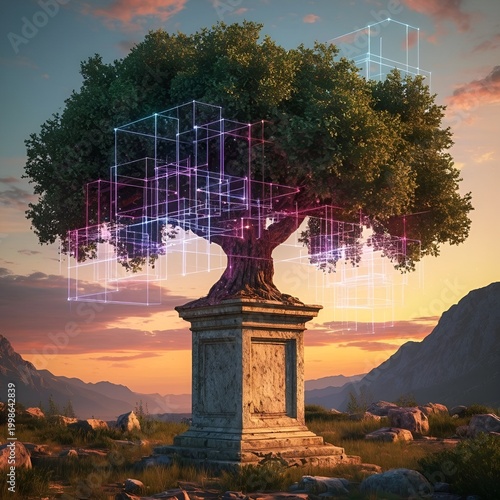 Futuristic tree with geometric shapes at sunset in natural landscape  