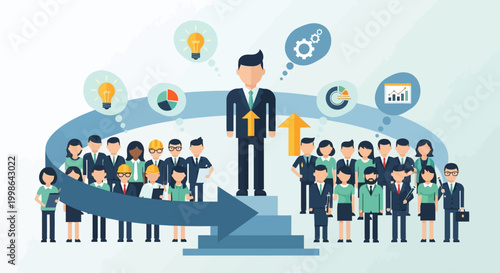 Leadership and teamwork concept illustration with icons of business strategy, growth, and success for corporate presentations and online resources
