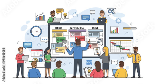 Agile project management team collaborating around a Kanban board, visualizing workflow, tasks, and progress for efficient development and planning