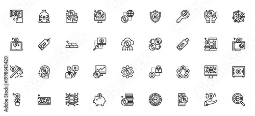 Bitcoin icon set. Cryptocurrency vector icons pack. Includes symbols for blockchain, encryption, security, gold, cloud and more. Editable stroke.