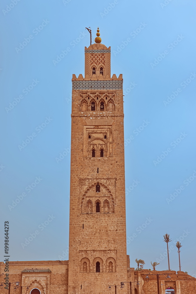 Obraz premium The Kutubiyya Mosque minaret, dating from c.CE 1195, made in Almohad style of sandstone rubble masonry with a tall cuboid shaft. Marrakesh-Morocco-322