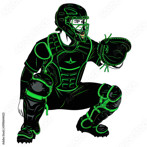 Baseball catcher in black gear.