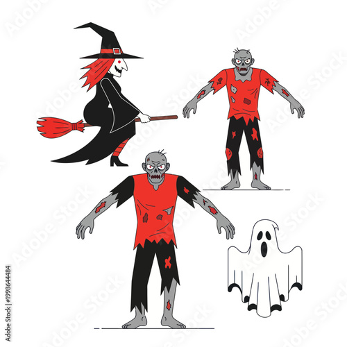 Halloween zombie witch ghost characters.